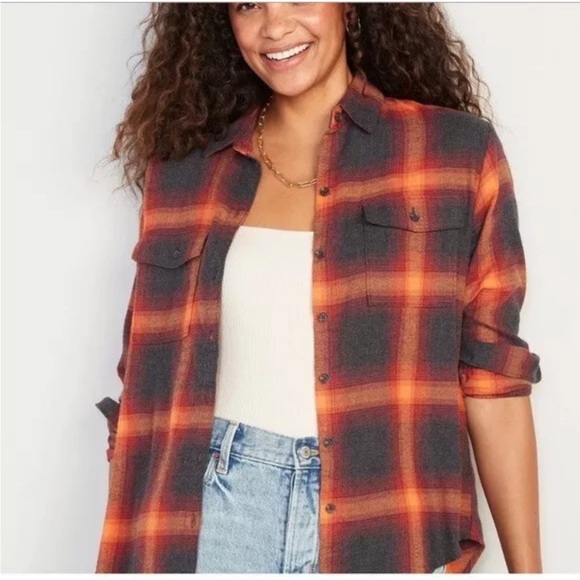 Old Navy Taylor Swift Evermore Women's Boyfriend Shirt Flannel Size M Orange - Picture 2 of 9